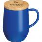 Preview: Doppelwandige Edelstahl-Tasse mit Bambusdeckel mit Gravur / 350ml / Farbe: blau