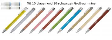 10 Kugelschreiber aus Metall / je 10 schwarze + blaue Minen / 10 Farben