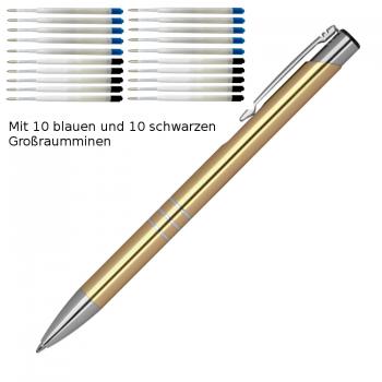 10 Kugelschreiber aus Metall / je 10 schwarze + blaue Minen / Farbe: gold