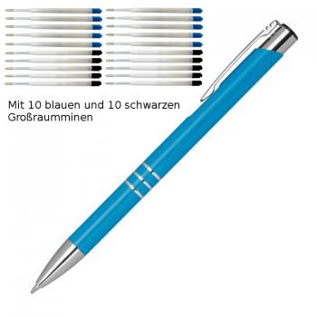 10 Kugelschreiber aus Metall / je 10 schwarze + blaue Minen / Farbe: hellblau