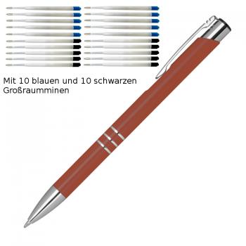 10 Kugelschreiber aus Metall / je 10 schwarze + blaue Minen / Farbe: kupfer