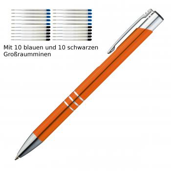 10 Kugelschreiber aus Metall / je 10 schwarze + blaue Minen / Farbe: orange