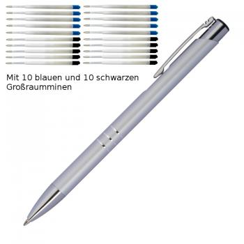 10 Kugelschreiber aus Metall / je 10 schwarze + blaue Minen / Farbe: silber