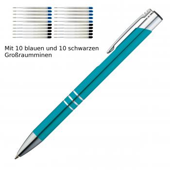 10 Kugelschreiber aus Metall / je 10 schwarze + blaue Minen / Farbe: türkis