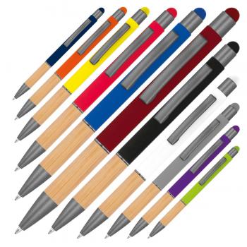 10 Touchpen Kugelschreiber mit Griffzone aus Bambus / 10 Farben