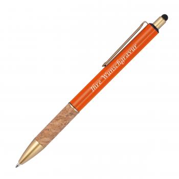 10 Touchpen Metall-Kugelschreiber mit Gravur / mit Korkgriffzone / Farbe: orange