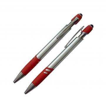 10x Touchpen Kugelschreiber / mit Griffgummimanschette / Farbe: silber-rot