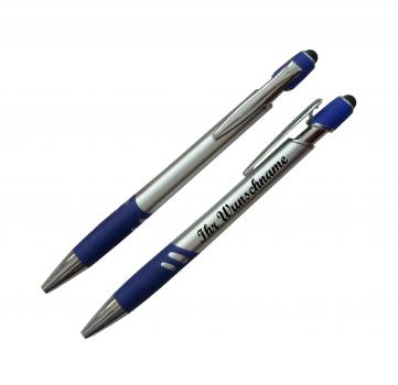 10x Touchpen Kugelschreiber mit Namensgravur - Farbe: silber-blau