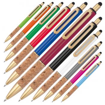 11 Touchpen Metall-Kugelschreiber mit Korkgriffzone / 11 Farben