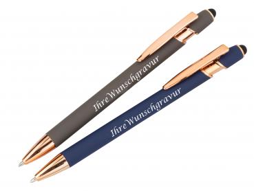 2x Touchpen-Kugelschreiber "Roségold" aus Metal mit Gravur / je 1x blau + grau