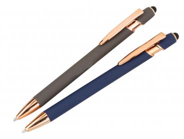 2x Touchpen-Kugelschreiber "Roségold" aus Metall / je 1x blau und grau