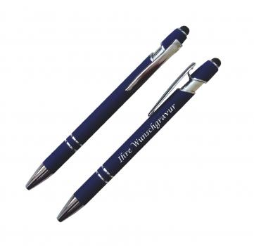 3x Touchpen-Kugelschreiber aus Metall mit Gravur / je 1x schwarz, rot, blau