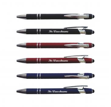 3x Touchpen-Kugelschreiber aus Metall mit Namensgravur - je 1x schwarz,rot,blau