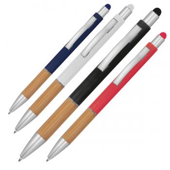 4 Touchpen Kugelschreiber / mit Bambusgriffzone / 4 Farben