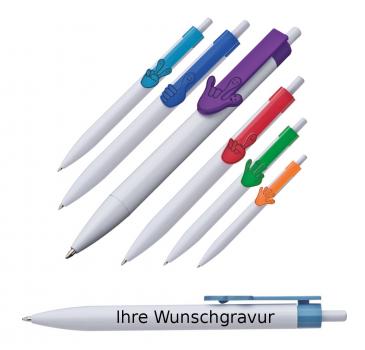 6x Druckkugelschreiber mit Gravur / "Hände" / 6 verschiedene Farben
