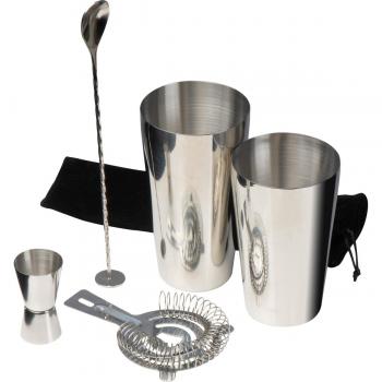 Cocktail Set / bestehend aus Shaker, Messbecher, Sieb und Rührstab