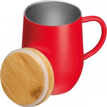 Doppelwandige Edelstahl-Tasse mit Bambusdeckel / 350ml / Farbe: rot