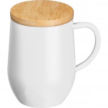 Doppelwandige Edelstahl-Tasse mit Bambusdeckel / 350ml / Farbe: weiß