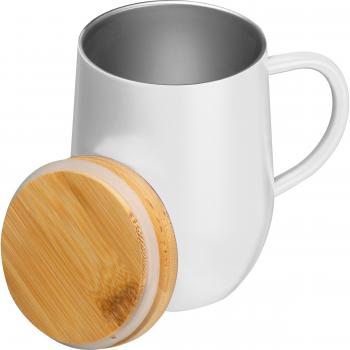 Doppelwandige Edelstahl-Tasse mit Bambusdeckel / 350ml / Farbe: weiß