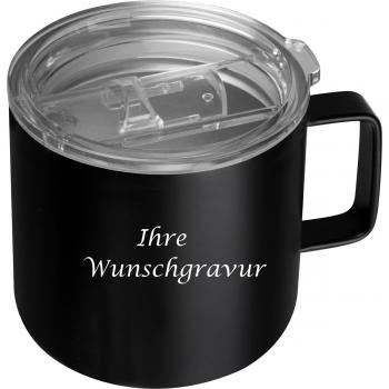 Doppelwandige Edelstahltasse mit Gravur / transparentem Deckel / Farbe: schwarz