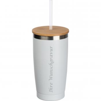 Edelstahl To Go Trinkbecher mit Gravur / mit Trinkhalm / 500ml / Farbe: weiß