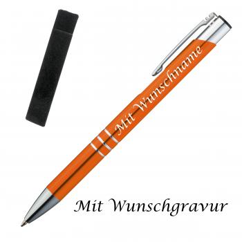 Kugelschreiber mit Gravur / aus Metall mit Velouretui / Farbe: orange