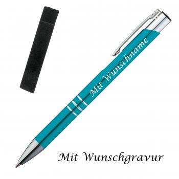 Kugelschreiber mit Gravur / aus Metall mit Velouretui / Farbe: türkis