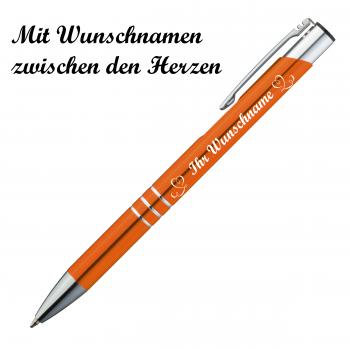 Kugelschreiber mit Namensgravur "Herzen" - aus Metall - Farbe: orange