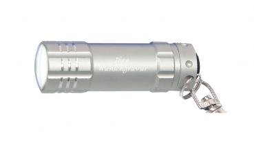 LED Taschenlampe mit Gravur / aus Metall mit Karabinerhaken / Farbe: silber