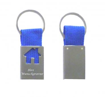 Metall-Schlüsselanhänger "Haus" mit Gravur / Farbe: blau