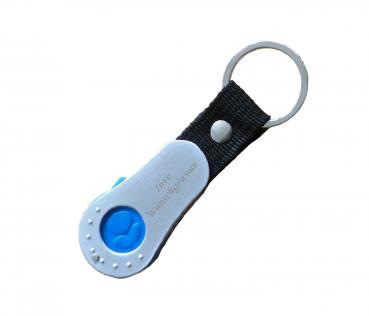 Metall-Schlüsselanhänger mit Gravur / mit Einkaufschip / Farbe: silber-blau