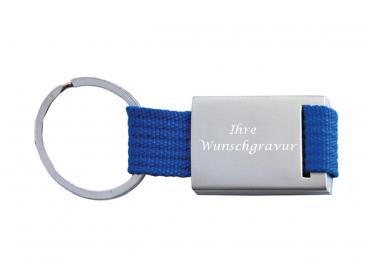 Schlüsselanhänger mit Gravur / aus Metall mit trendigem Nylonband / Farbe: blau