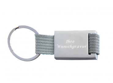 Schlüsselanhänger mit Gravur / aus Metall mit trendigem Nylonband / Farbe: grau