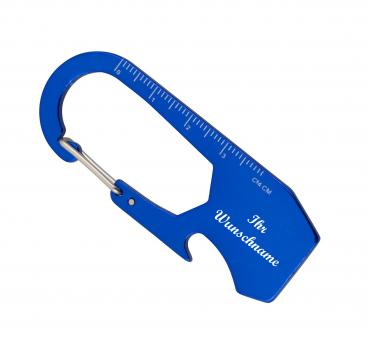 Schlüsselanhänger mit Namensgravur - mit Karabiner,Flaschenöffner,Lineal - blau