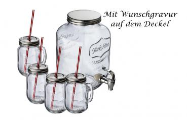 Set aus Getränkespender (4.000 ml) und 4 Glaskrügen (450 ml) mit Gravur