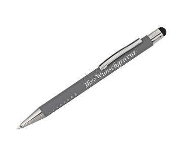 Softtouch-Touchpen-Kugelschreiber aus Metall mit Gravur / gummiert / Farbe: grau