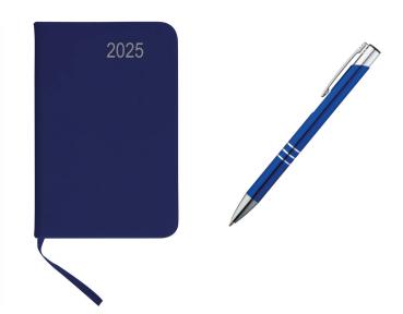 Taschenkalender 2025 / ca A7 / PU Einband / Farbe: blau + Metall Kugelschreiber