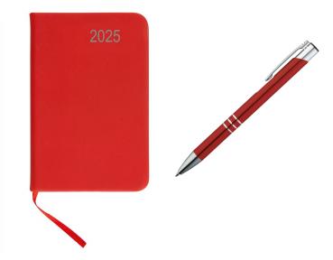 Taschenkalender 2025 / ca A7 / PU Einband / Farbe: rot + Metall Kugelschreiber