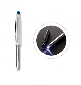 Touchpen Kugelschreiber / mit LED Licht / Farbe: silber/weiß mit blauen Stylus