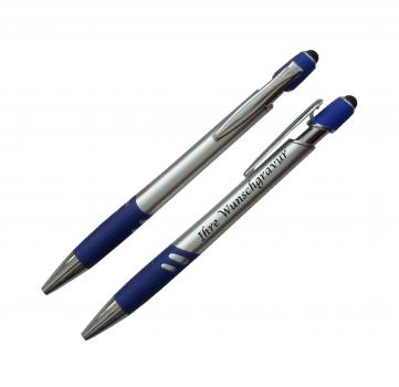 Touchpen Kugelschreiber mit Gravur / Farbe: silber-blau