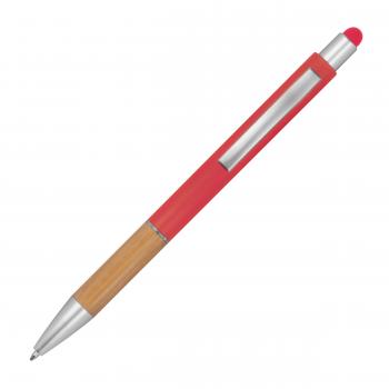 Touchpen Kugelschreiber mit Namensgravur - mit Bambusgriffzone - Farbe: rot