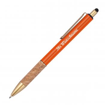 Touchpen Metall-Kugelschreiber mit Namensgravur - mit Korkgriffzone - orange