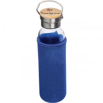 Trinkflasche aus Glas mit Gravur / mit Neoprenüberzug / 600ml / Farbe: blau