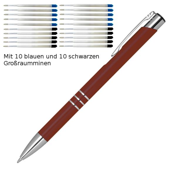 10 Kugelschreiber aus Metall / je 10 schwarze + blaue Minen / Farbe: bordeaux