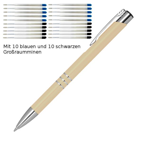 10 Kugelschreiber aus Metall / je 10 schwarze + blaue Minen / Farbe: elfenbein