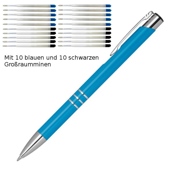 10 Kugelschreiber aus Metall / je 10 schwarze + blaue Minen / Farbe: hellblau