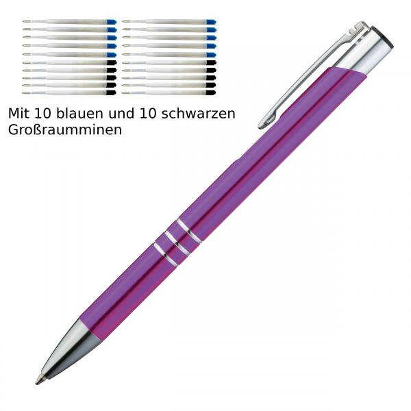 10 Kugelschreiber aus Metall / je 10 schwarze + blaue Minen / Farbe: lila