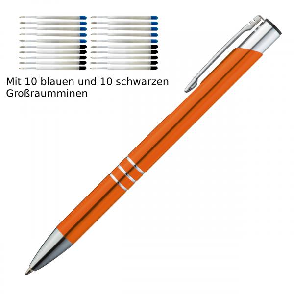 10 Kugelschreiber aus Metall / je 10 schwarze + blaue Minen / Farbe: orange