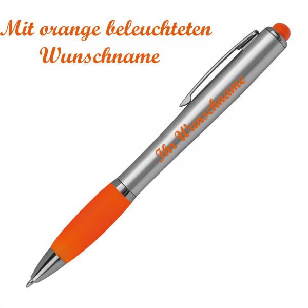 10 Touchpen Kugelschreiber mit Namensgravur im farbigen Licht - silber-orange