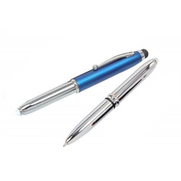 10x Touchpen Kugelschreiber / mit LED Licht und Touchscreenstift / silber-blau